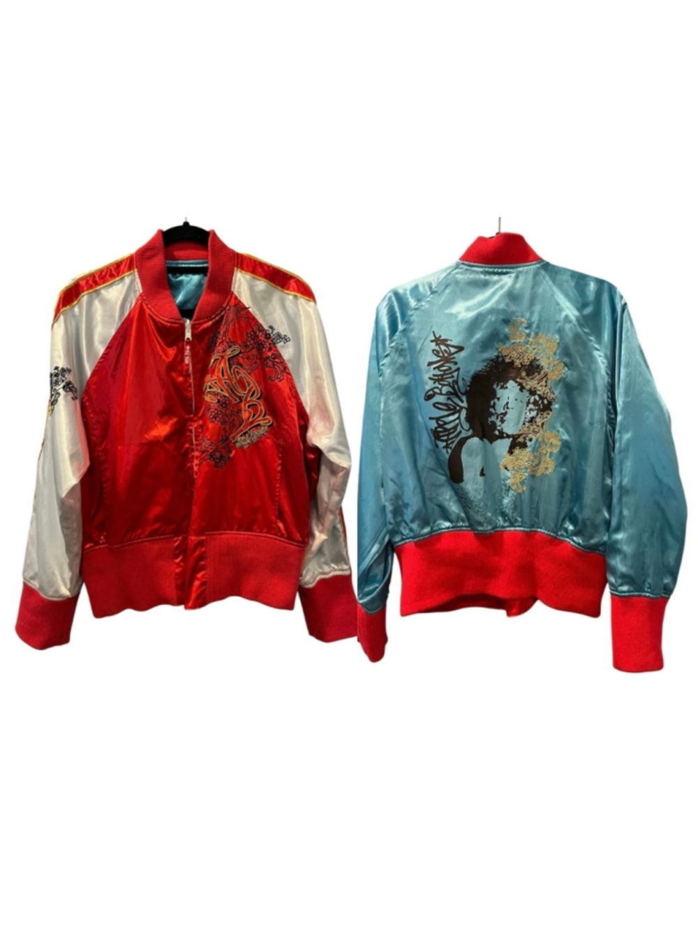 Vintage Y2K Apple Bottoms Reversible Satin Bomber Jacket Embroidered M/L Red